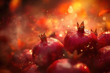 Juicy red pomegranates, glistening with water droplets, are beautifully captured against a warm, bokeh background.