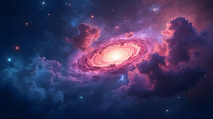 Colorful Galaxy with Swirling Pink Nebula and Dark Clouds in Starry Sky