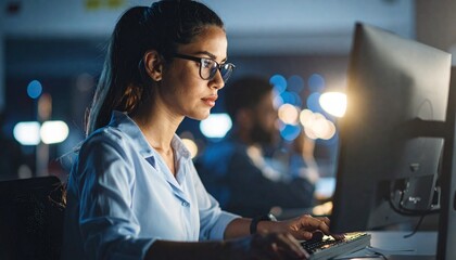 A programmer working in low light, with a serious look in his eyes