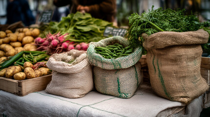 Fresh Organic Produce in Eco-Friendly Reusable Bags at Farmers Market. Ai gen.
