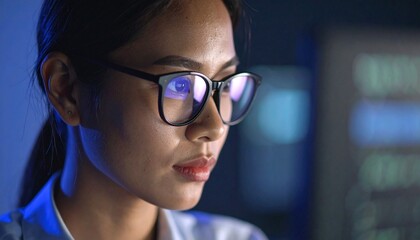 A programmer working in low light, with a serious look in his eyes