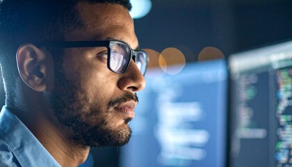 A programmer working in low light, with a serious look in his eyes