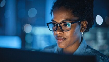A programmer working in low light, with a serious look in his eyes