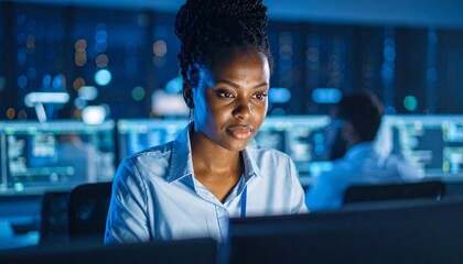 A programmer working in low light, with a serious look in his eyes