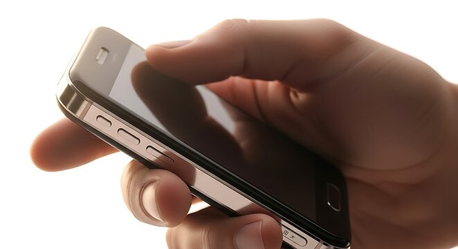 A realistic human hand grasping a cutting-edge tech gadget with glossy finish and subtle metallic detailing