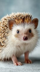 Charming hedgehog posing in a close-up setting, showcasing its unique features and playful demeanor during an indoor photoshoot