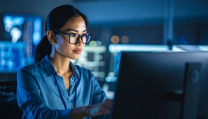 A programmer working in low light, with a serious look in his eyes