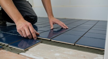 Person laying blue tiles on a floor surface during construction or renovation.