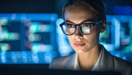 A programmer working in low light, with a serious look in his eyes
