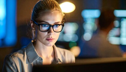 A programmer working in low light, with a serious look in his eyes