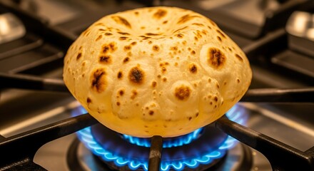 Close-up of artisanal flatbread rising and browning gracefully over a gas flame