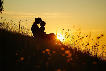 Silhouette of mother and child embracing at sunset, in a tranquil field