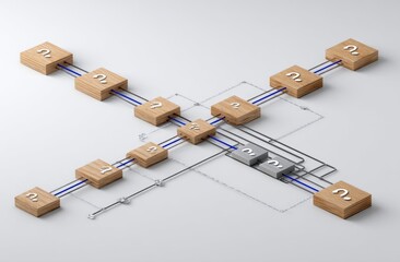 3D network diagram, light wood blocks with question marks, connected by blue lines
