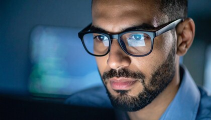 A programmer working in low light, with a serious look in his eyes