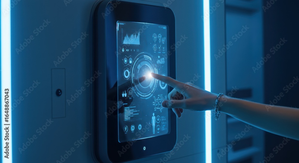 Poster hand interacting with a digital touchscreen interface displaying graphs and data in blue.