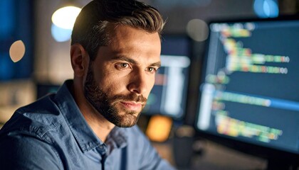 A programmer working in low light, with a serious look in his eyes