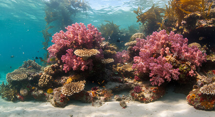 Obraz premium Vibrant pink soft corals thrive on a sunlit ocean floor, surrounded by diverse marine life and kelp.