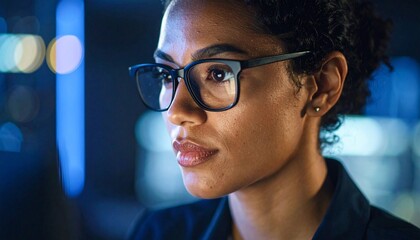 A programmer working in low light, with a serious look in his eyes