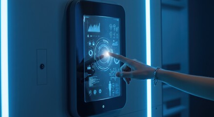 Hand interacting with a digital touchscreen interface displaying graphs and data in blue.