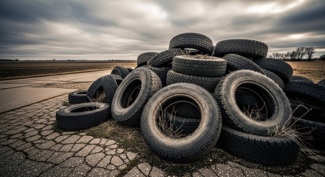 A large pile of discarded tires sits on cracked pavement by a deserted road, with a field beyond