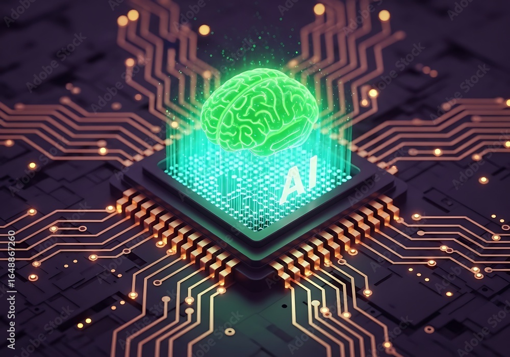 Poster explore the future with advanced ai brain technology and circuit board innovation in a modern, digit