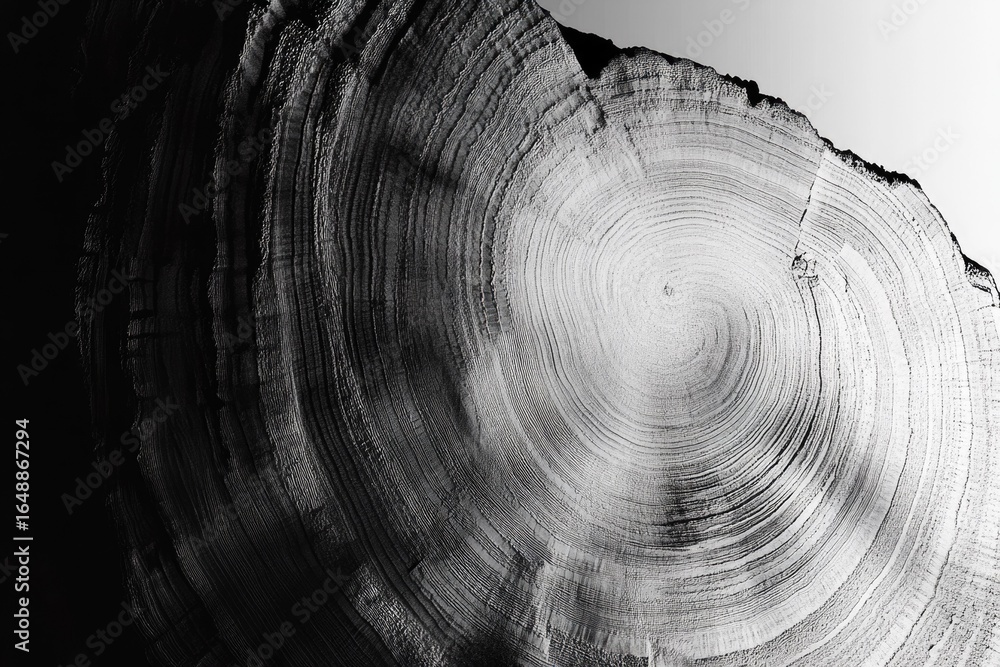 Poster a grayscale close-up captures the intricate concentric rings of a tree's cross-section, revealing it