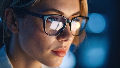 A programmer working in low light, with a serious look in his eyes
