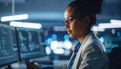 A programmer working in low light, with a serious look in his eyes