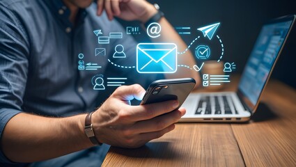 Digital marketer using email marketing tools on laptop and smartphone, sending newsletters and analyzing campaign performance to engage subscribers and grow business through personalized content