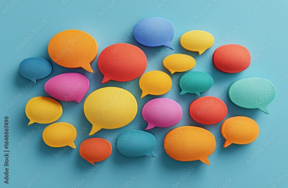 Poster a vibrant collection of colorful speech bubbles are arranged on a light blue background, creating a 