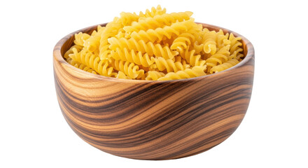 Isolated uncooked fusilli pasta in wooden bowl
