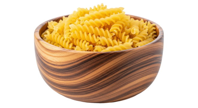 Isolated uncooked fusilli pasta in wooden bowl
