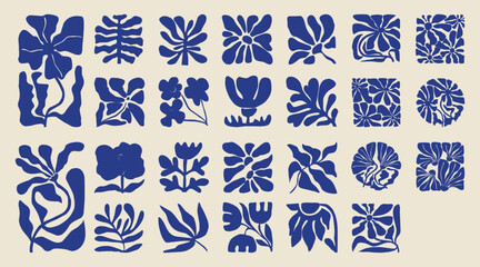 Abstract background Matisse style. Contemporary flower art set by hand draw, modern blue floral element wavy shapes.