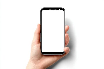 Hand holding a black smartphone with blank screen