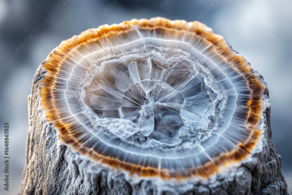 Poster a cross-section of a geode reveals intricate, concentric crystal formations with mesmerizing colors 