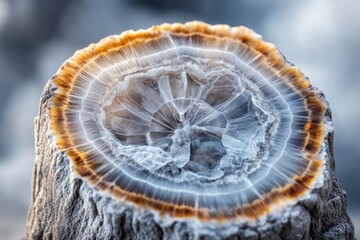 A cross-section of a geode reveals intricate, concentric crystal formations with mesmerizing colors and patterns.