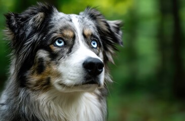 Close-up of a stunning Australian Shepherd dog with striking blue eyes and a multicolored coat in a lush green forest setting