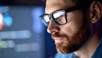 Fototapeta premium A programmer working in low light, with a serious look in his eyes