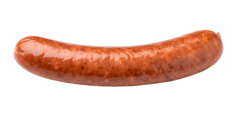 A single grilled sausage isolated on transparent background is ready to eat