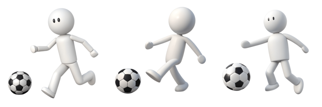Set For Three stick figures playing soccer with a ball isolated on transparent background