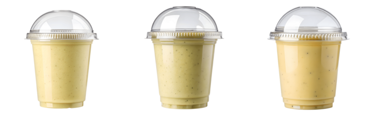 Set For Three fruit smoothies in plastic cups isolated on transparent background are shown
