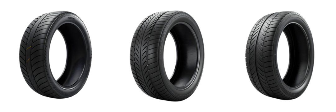 Set For Three black rubber tires isolated on transparent background are shown - Powered by Adobe