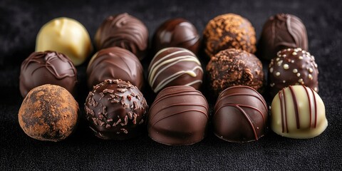 Luxurious chocolate truffles arranged artistically on a black velvet backdrop