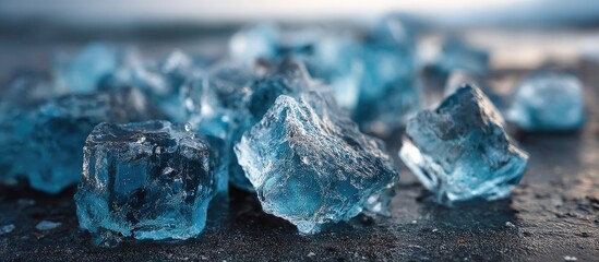 Crystalline blue ice fragments on dark surface