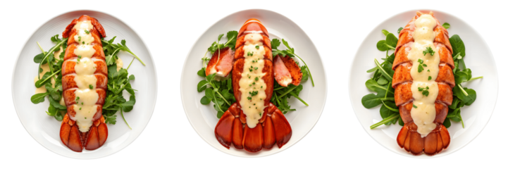 Set For Three plates of lobster tail with salad isolated on transparent background