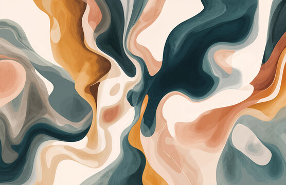 An abstract background with swirling colors and shapes, evoking the feeling of flowing liquid in motion. The color palette includes shades of peach,