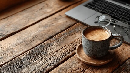 Coffee cup laptop glasses on rustic wooden desk workspace with warm light and copy space