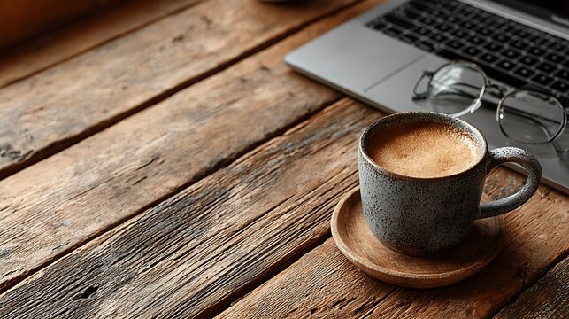 Coffee cup laptop glasses on rustic wooden desk workspace with warm light and copy space