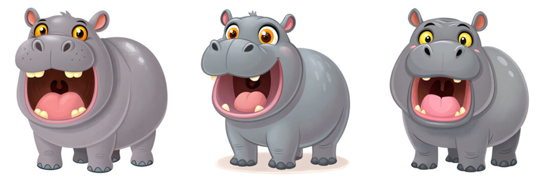 Set For Three cartoon hippos stand with their mouths open isolated on transparent background