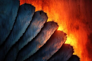 Close-up of a cactus with textured pads backlit by a vibrant sunset, creating a dramatic contrast of dark and fiery hues.